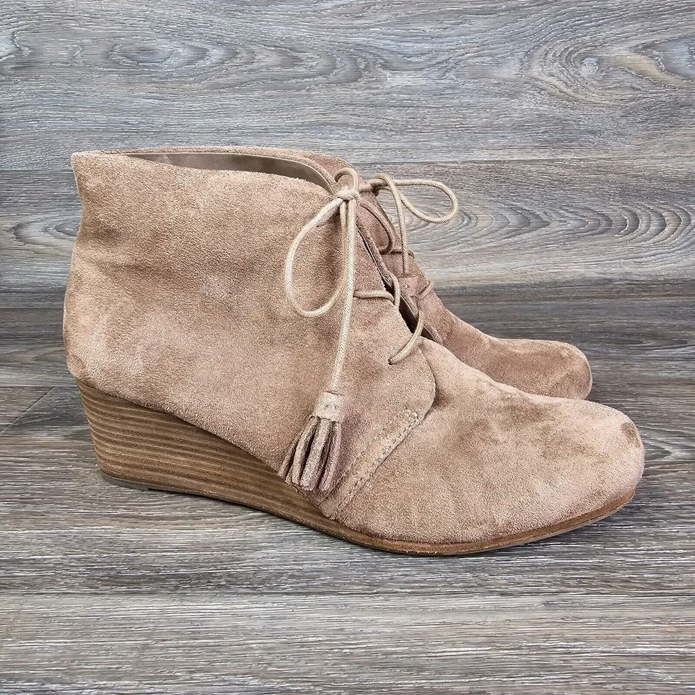 Dr Scholls Dakota Suede Leather Wedge Boots Shoes Women's 9.5 Brown Taupe Tassel